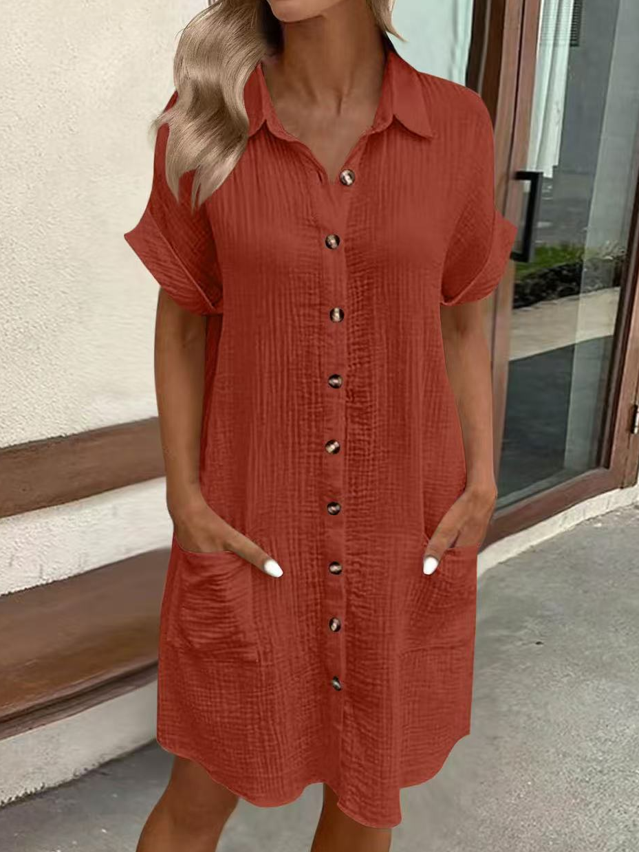 Solid Color Single-Breasted Mid-Length Short-Sleeved Loose Casual Commuter Dress