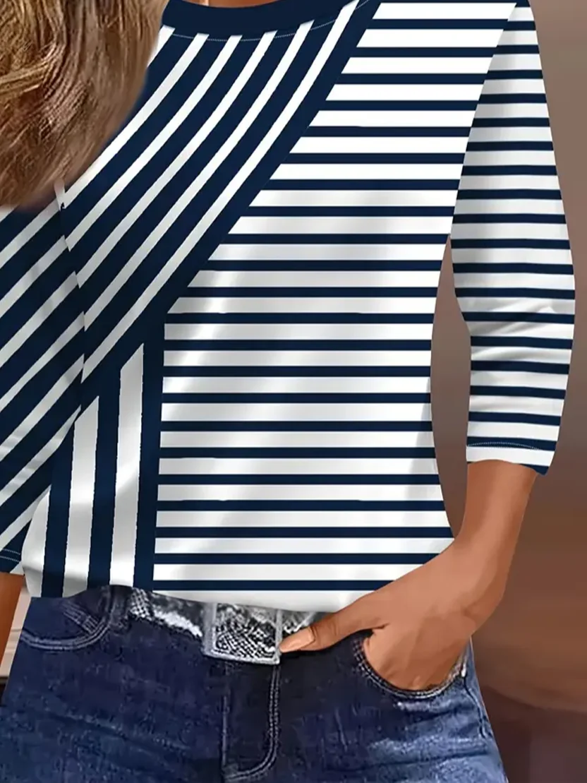 Women's Three Quarter Sleeve T-shirt Spring/Fall Purplish blue Striped Crew Neck Daily Going Out Casual Top