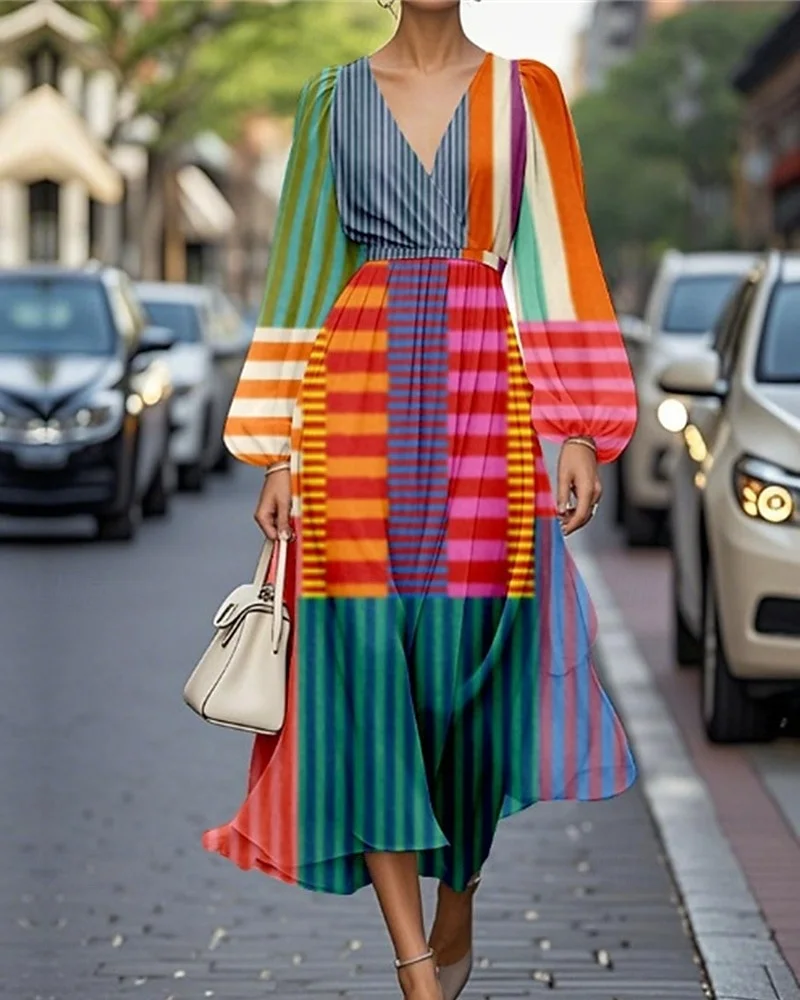 Puff Sleeve Multicolor Block Regular Fit V Neck Sexy Dress