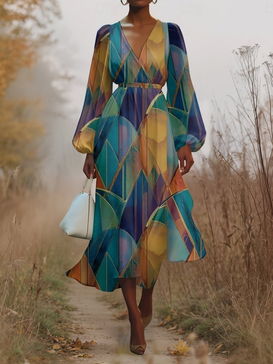 Puff Sleeve Simple Gradient Pattern V Neck Dress
