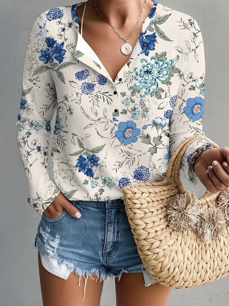 Women's Long Sleeve T-shirt Spring/Fall Color1 Geometric Printing V Neck Daily Going Out Casual Top