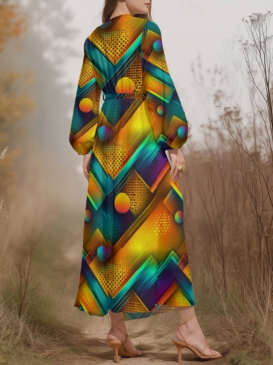 V Neck Regular Fit Sexy Puff Sleeve Multicolor Block Dress