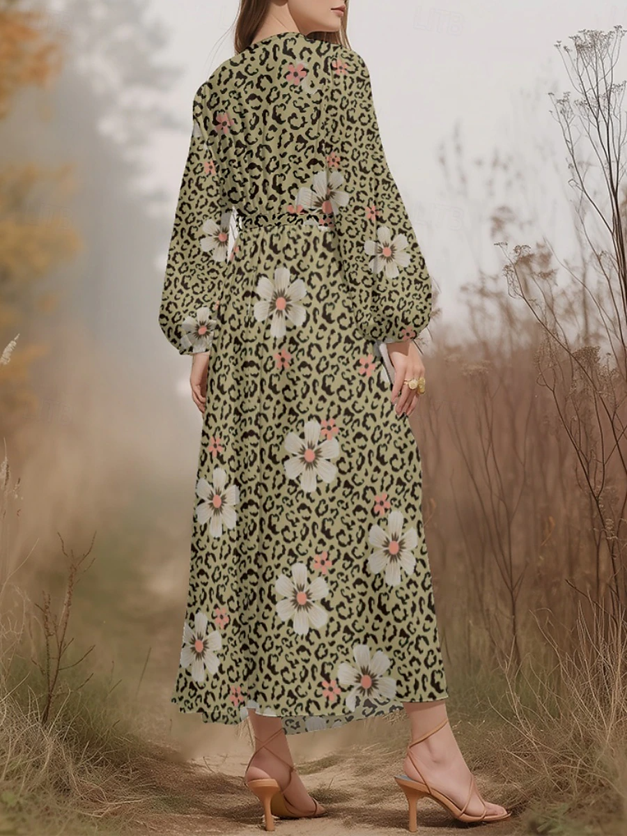 Puff Sleeve Simple V Neck Regular Fit Floral Dress