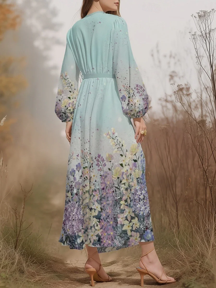 Regular Fit V Neck Puff Sleeve Floral Simple Dress