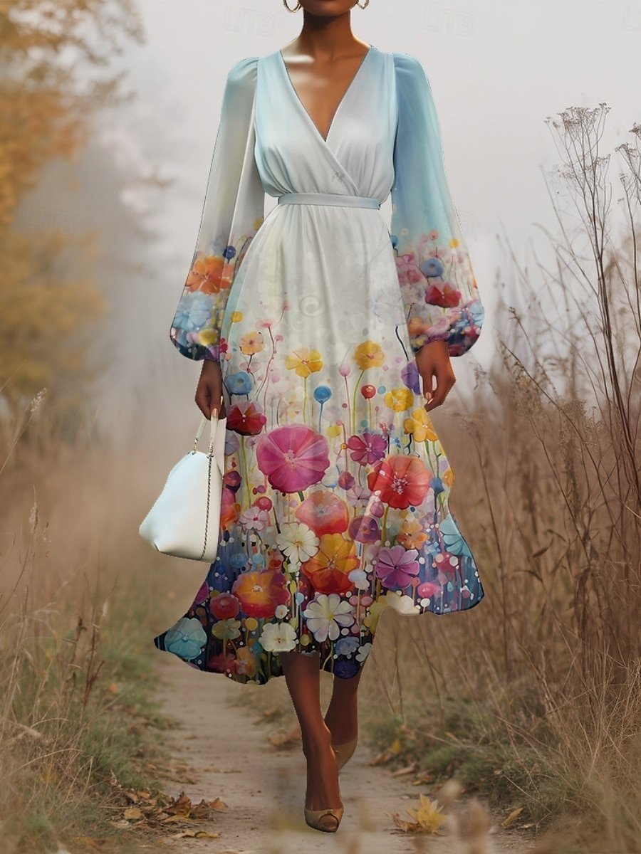 Regular Fit V Neck Puff Sleeve Floral Simple Dress