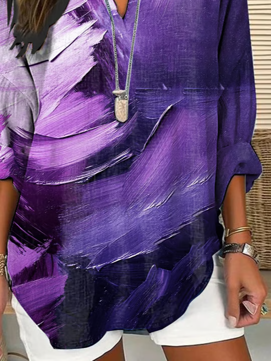 Women's Long Sleeve Blouse Spring/Fall Purple Abstract Printing Cotton-Blend V Neck Daily Going Out Casual Top
