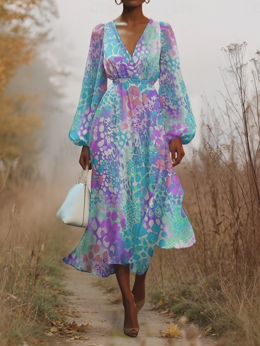 Puff Sleeve Gradient Pattern V Neck Regular Fit Street Dress