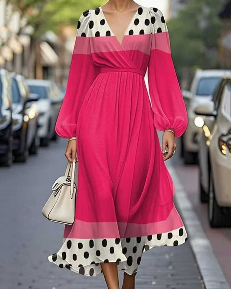 Puff Sleeve Multicolor Block Regular Fit V Neck Sexy Dress