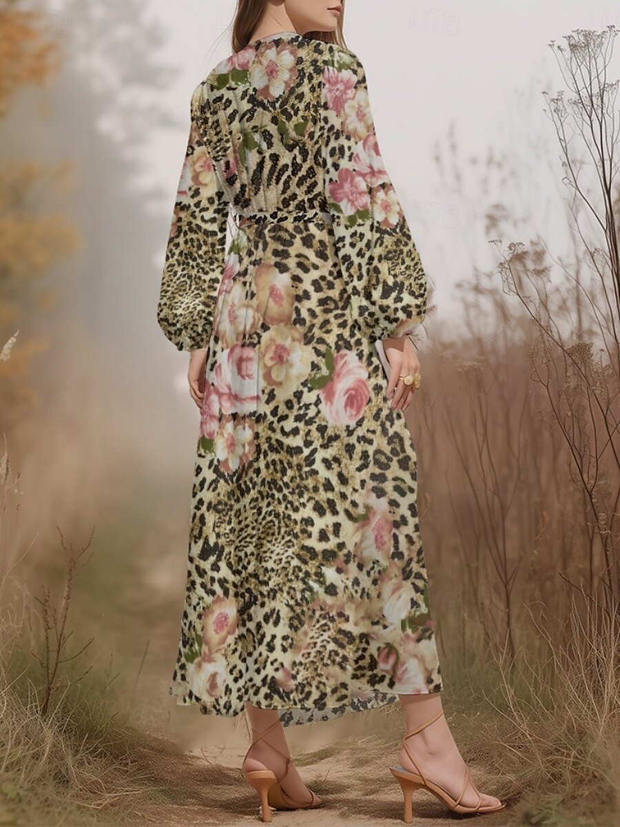 Puff Sleeve Simple V Neck Regular Fit Floral Dress