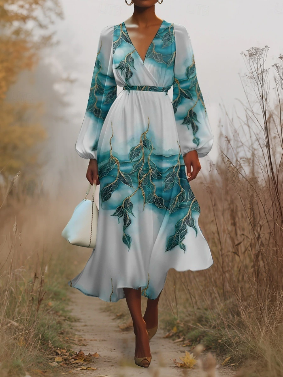 Floral Regular Fit Sexy Puff Sleeve V Neck Dress