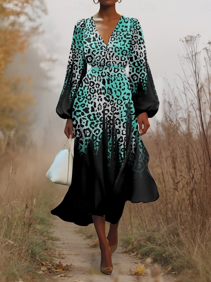 Puff Sleeve Gradient Pattern V Neck Regular Fit Street Dress
