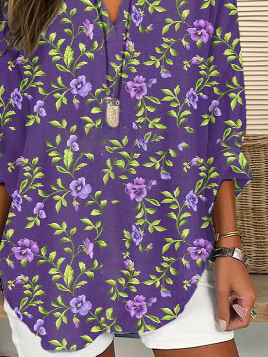 Women's Long Sleeve Blouse Spring/Fall Purple Floral Printing Cotton-Blend V Neck Daily Going Out Casual Top