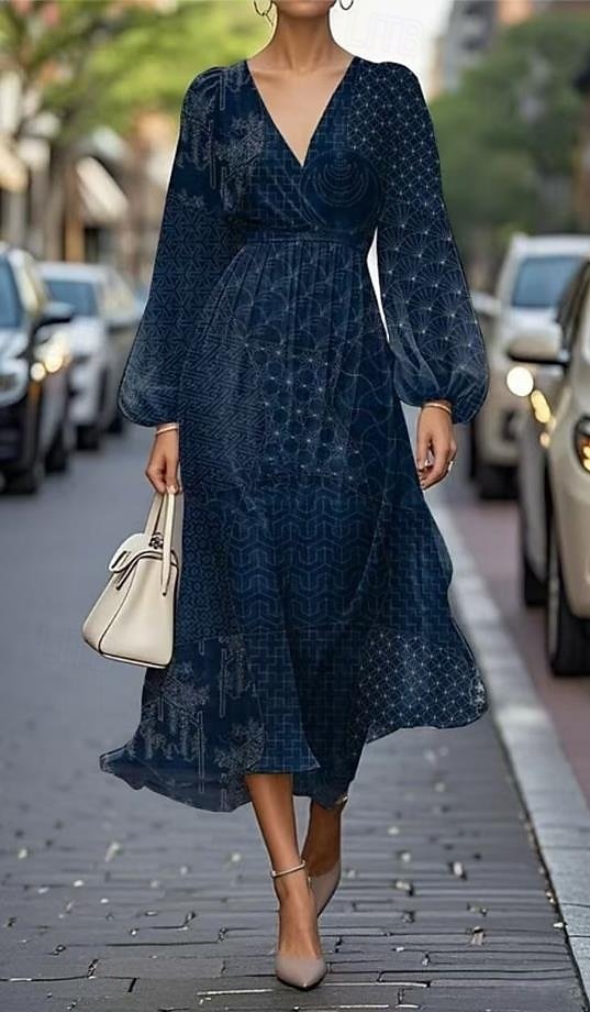 Puff Sleeve Casual Regular Fit V Neck Multicolor Block Dress