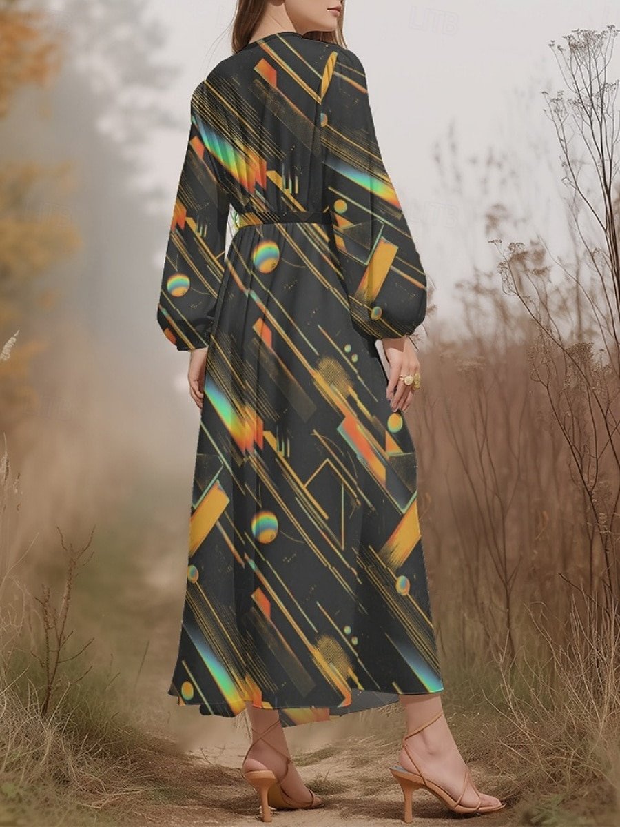 V Neck Regular Fit Sexy Puff Sleeve Multicolor Block Dress