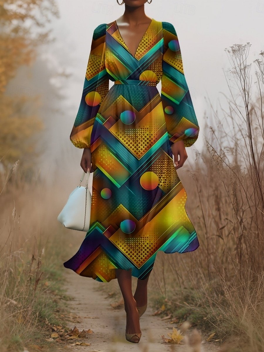 V Neck Regular Fit Sexy Puff Sleeve Multicolor Block Dress