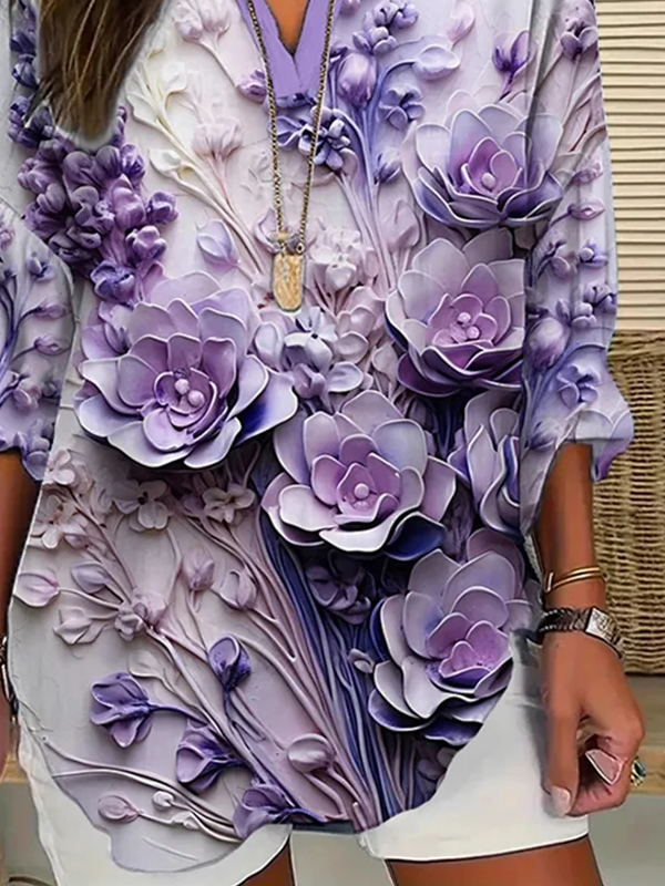 Women's Long Sleeve Blouse Spring/Fall Purple Floral Printing Cotton-Blend V Neck Daily Going Out Casual Top