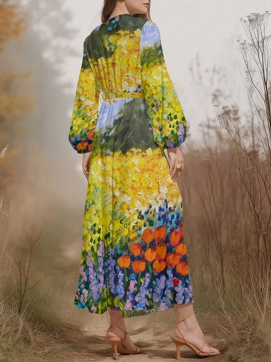 Gradient Pattern Puff Sleeve Regular Fit V Neck Sexy Dress