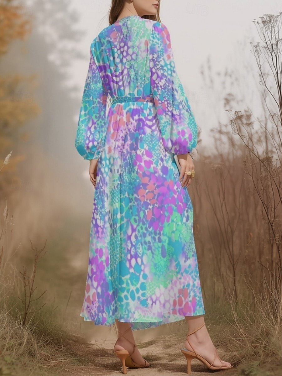 Puff Sleeve Gradient Pattern V Neck Regular Fit Street Dress