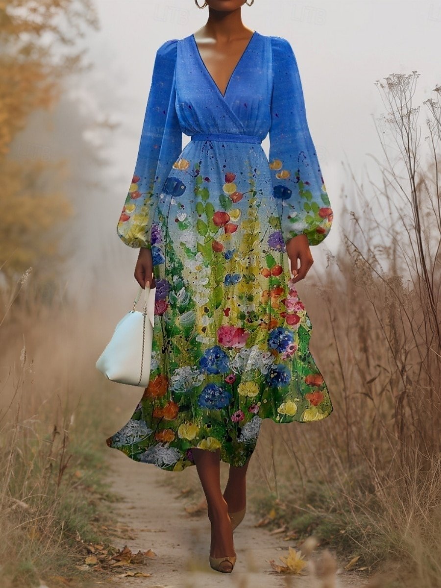 Gradient Pattern Puff Sleeve Regular Fit V Neck Sexy Dress