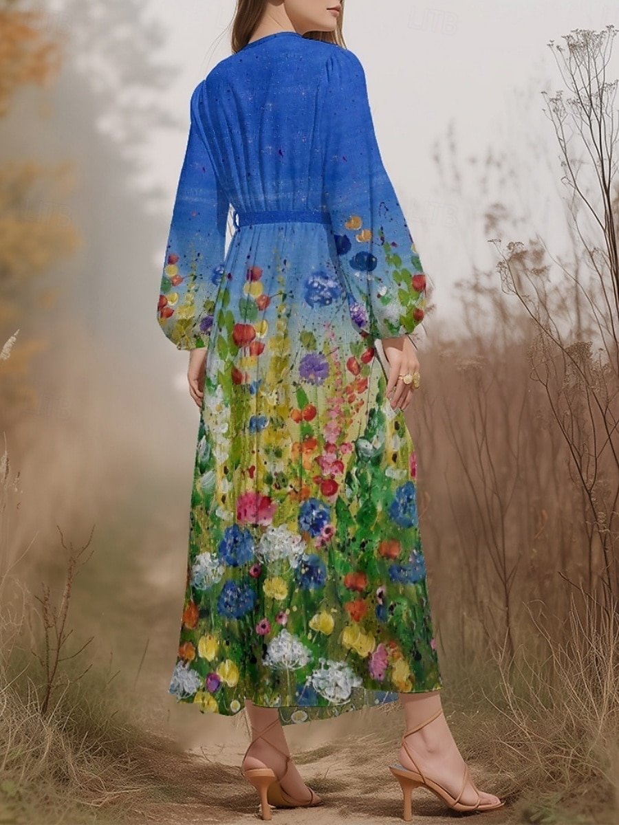 Gradient Pattern Puff Sleeve Regular Fit V Neck Sexy Dress
