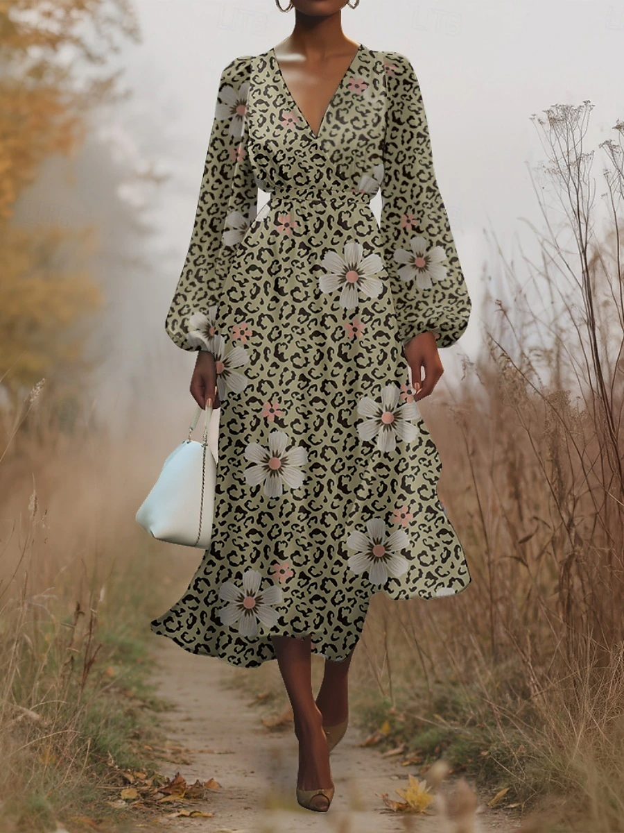 Puff Sleeve Simple V Neck Regular Fit Floral Dress