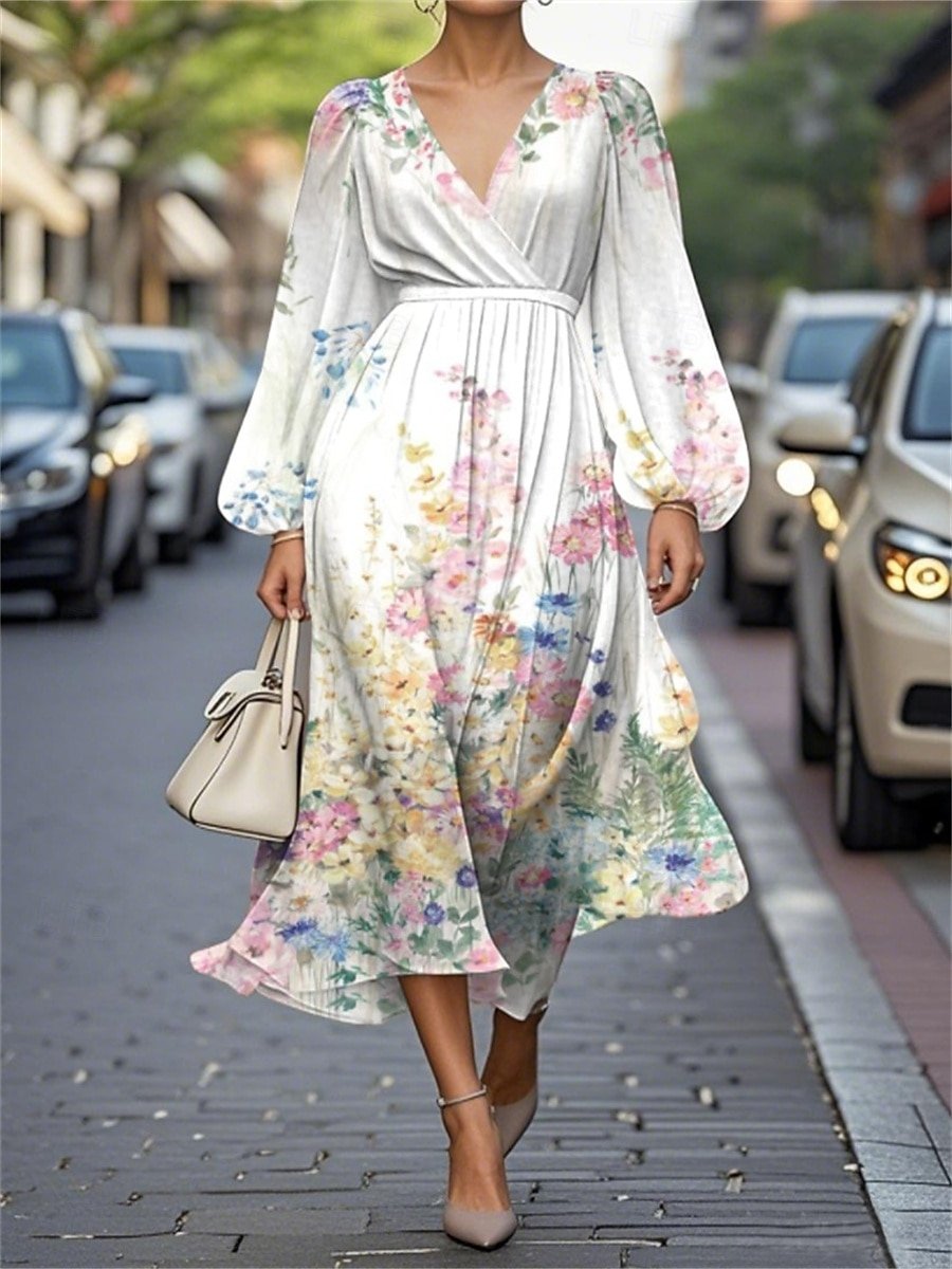 Puff Sleeve Floral Regular Fit Simple V Neck Dress