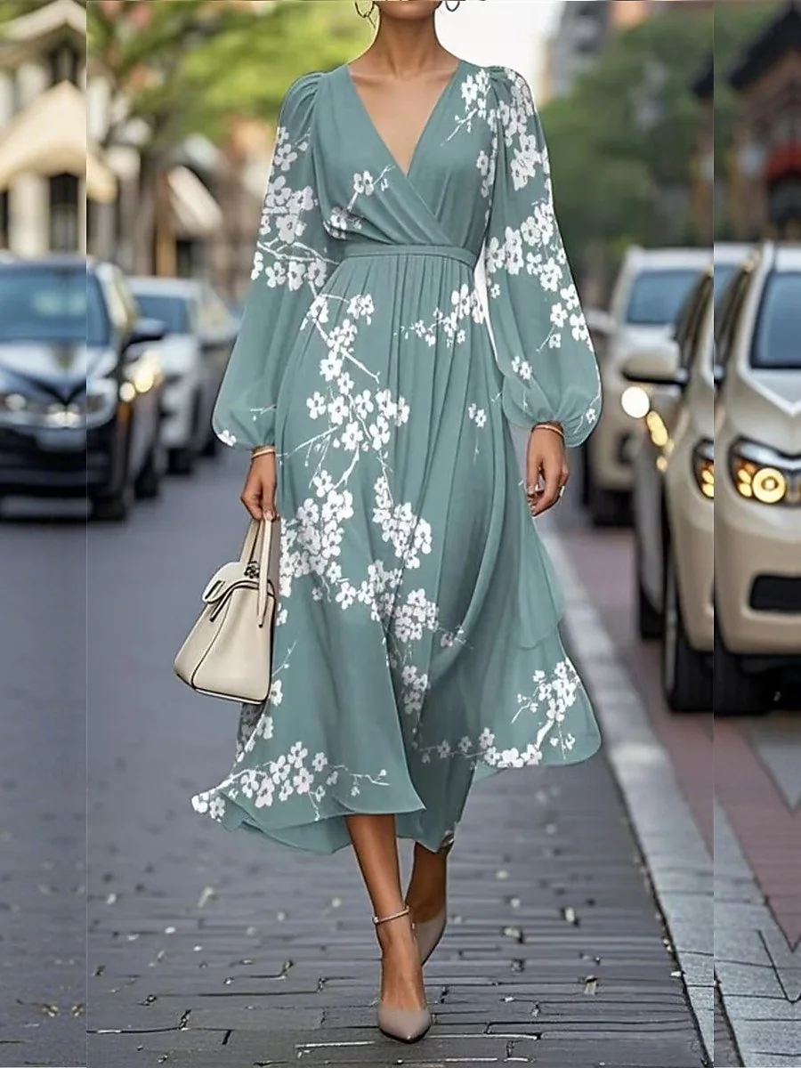 Sexy Regular Fit Puff Sleeve V Neck Dress