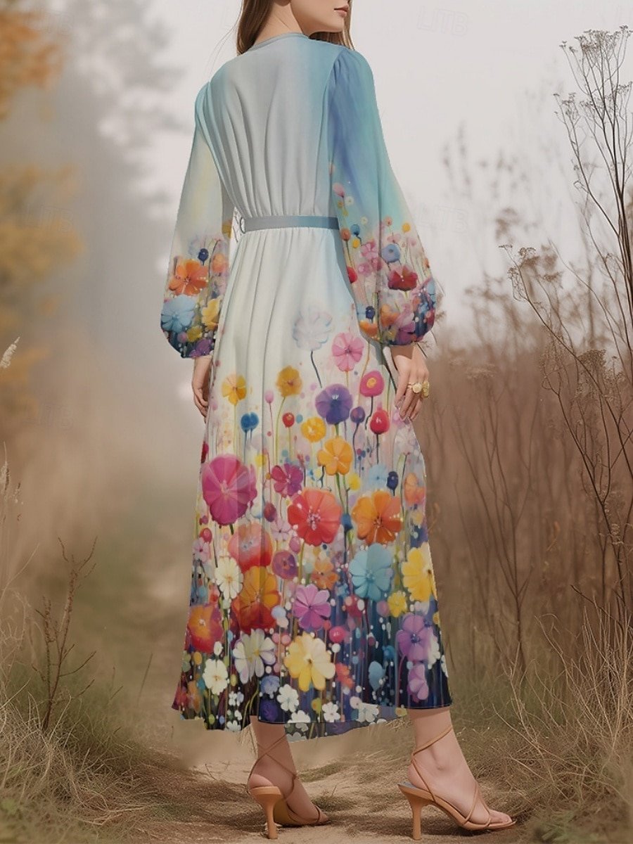 Regular Fit V Neck Puff Sleeve Floral Simple Dress