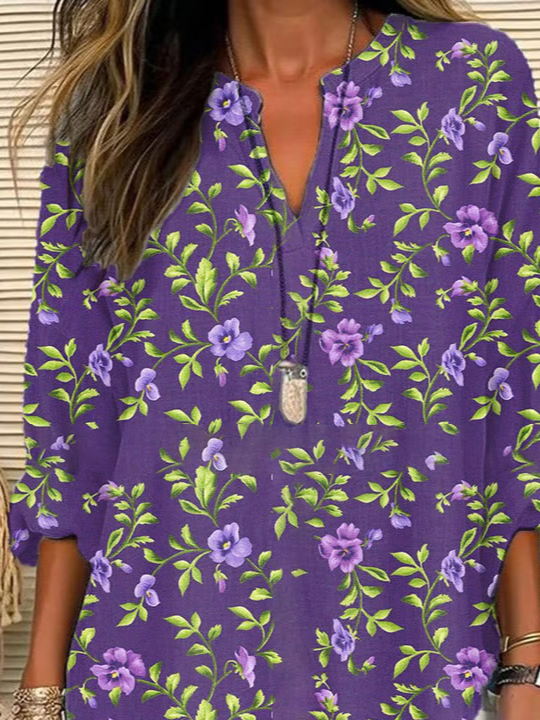 Women's Long Sleeve Blouse Spring/Fall Purple Floral Printing Cotton-Blend V Neck Daily Going Out Casual Top