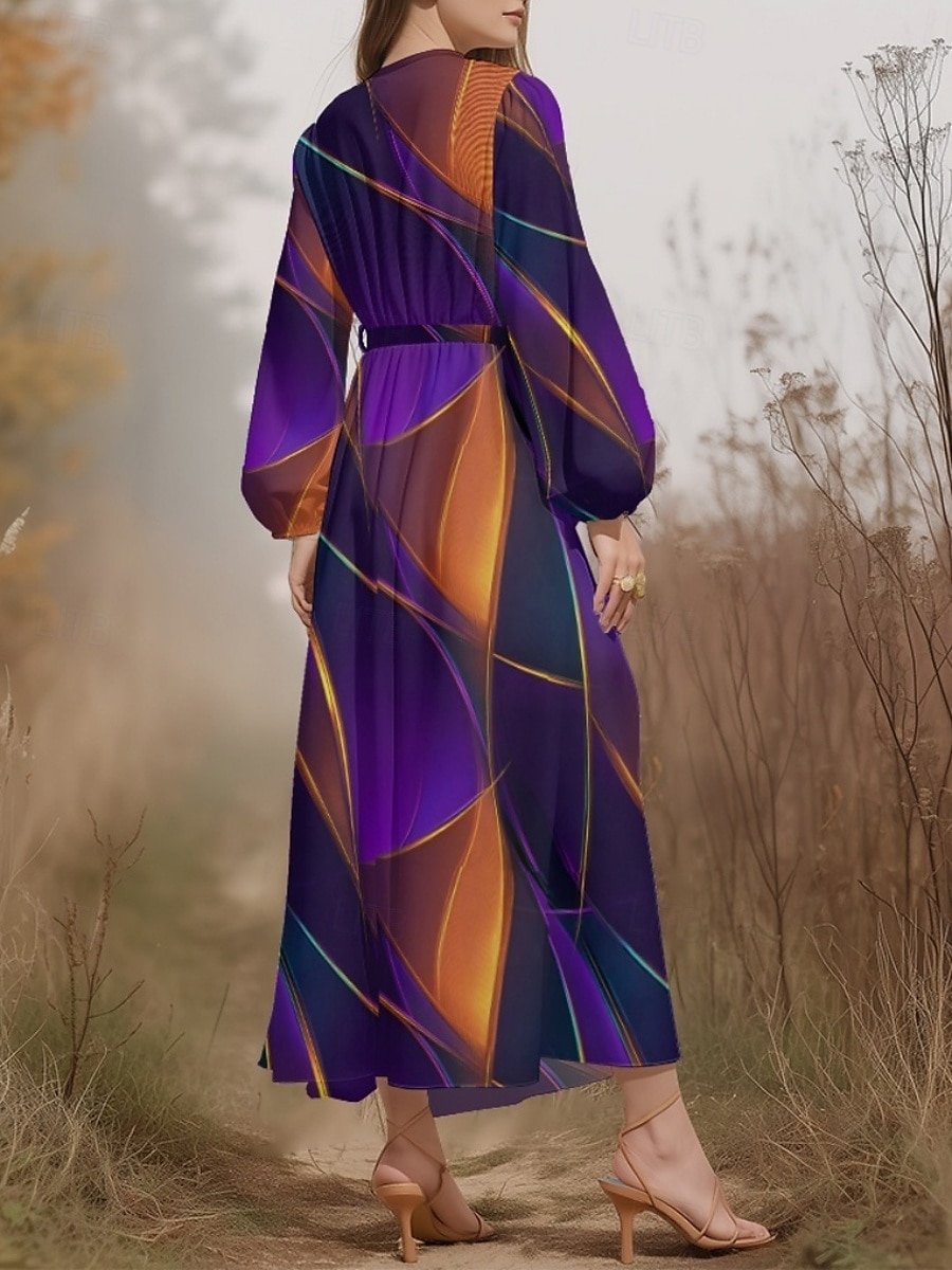 Puff Sleeve Simple Gradient Pattern V Neck Dress