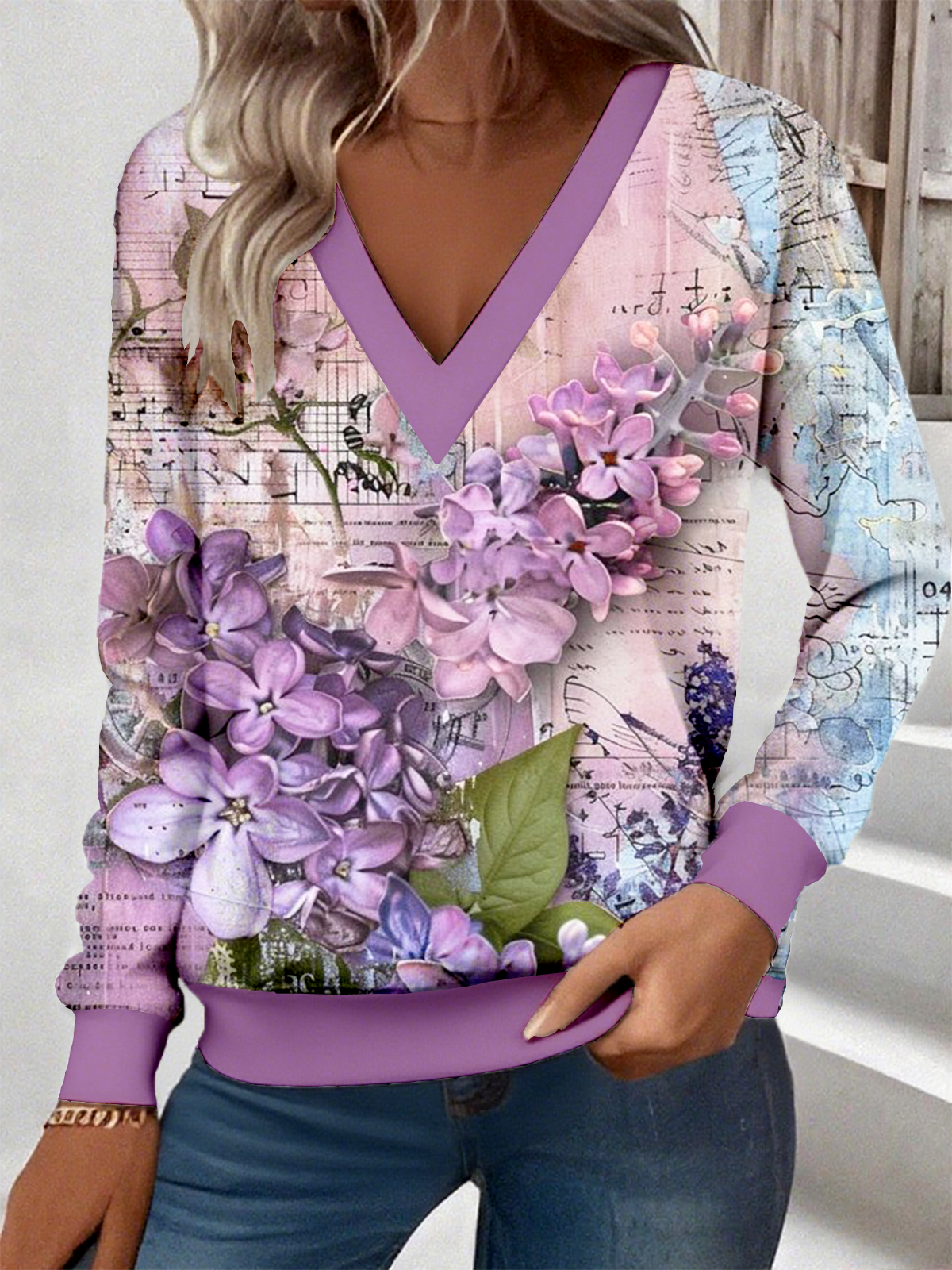 Loose Casual Commuter Long Sleeve V-Neck Printed Sweatshirt
