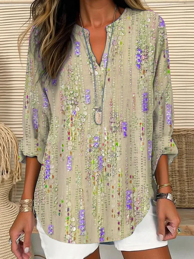 Women's Long Sleeve Blouse Spring/Fall Purple Abstract Printing Cotton-Blend V Neck Daily Going Out Casual Top