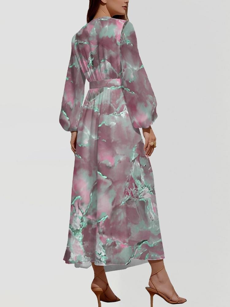Gradient Pattern Puff Sleeve Semi Formal Regular Fit V Neck Dress
