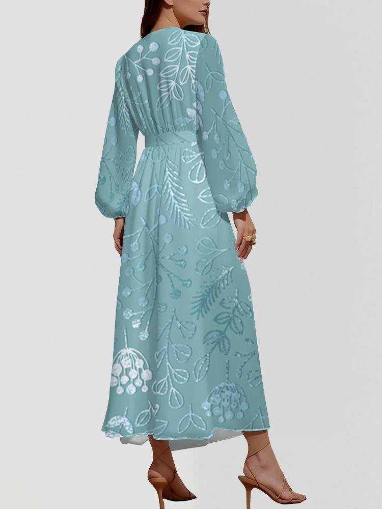 Puff Sleeve Regular Fit V Neck Leaf Street Dress