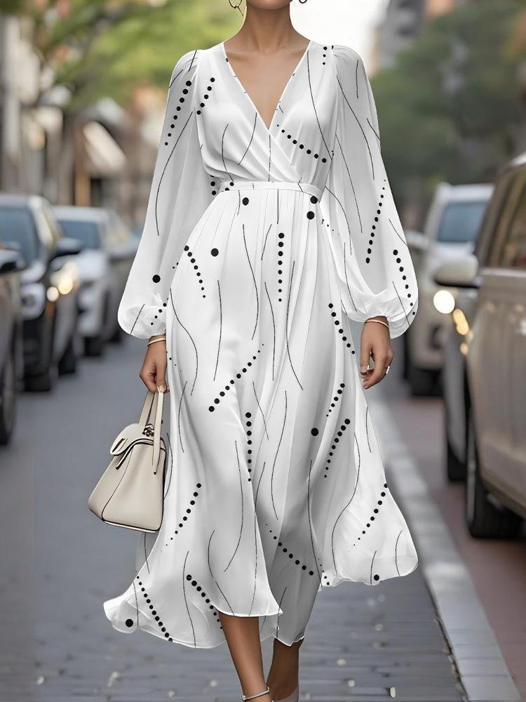 Abstract Polka Dots V Neck Sexy Puff Sleeve Regular Fit Dress