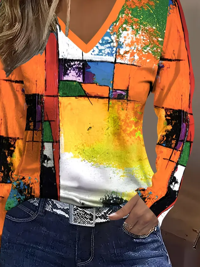 Women's Long Sleeve T-shirt Spring/Fall Orange Abstract Printing Jersey V Neck Daily Going Out Casual Top