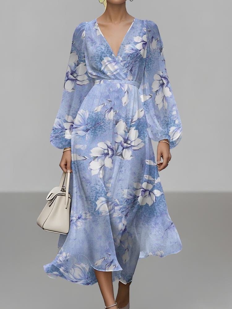 Street V Neck Floral Puff Sleeve Regular Fit Dress