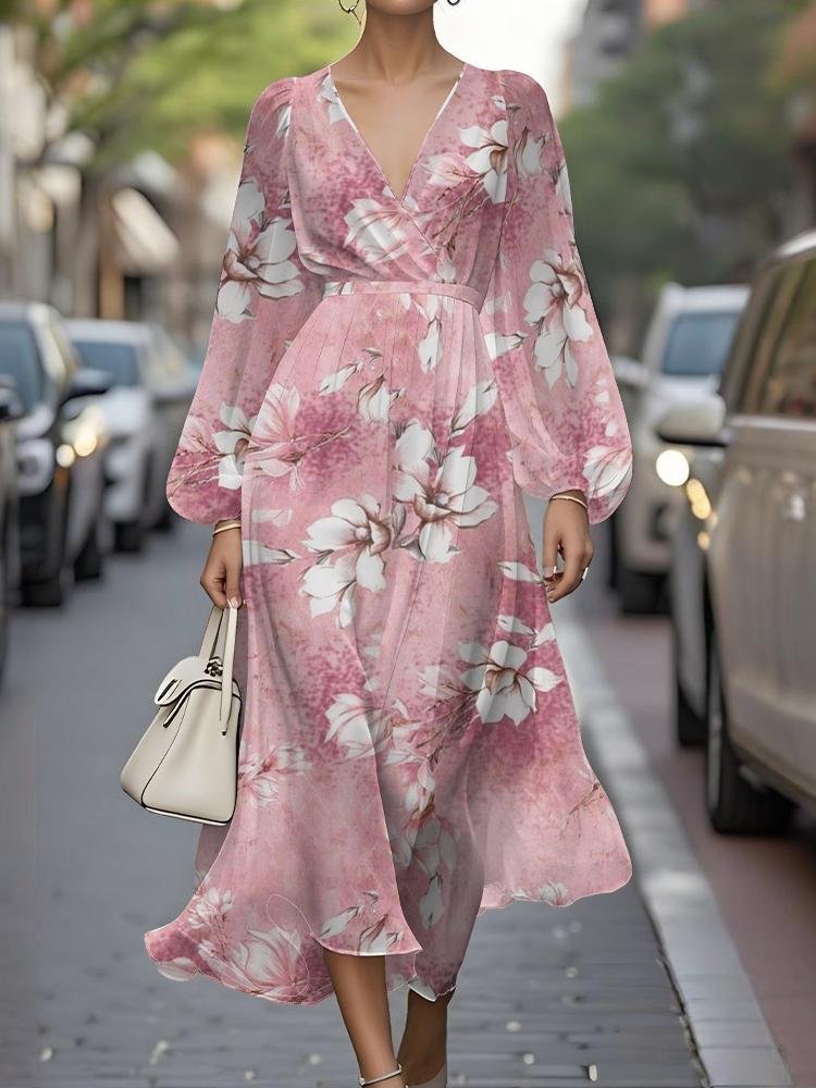 Street V Neck Floral Puff Sleeve Regular Fit Dress