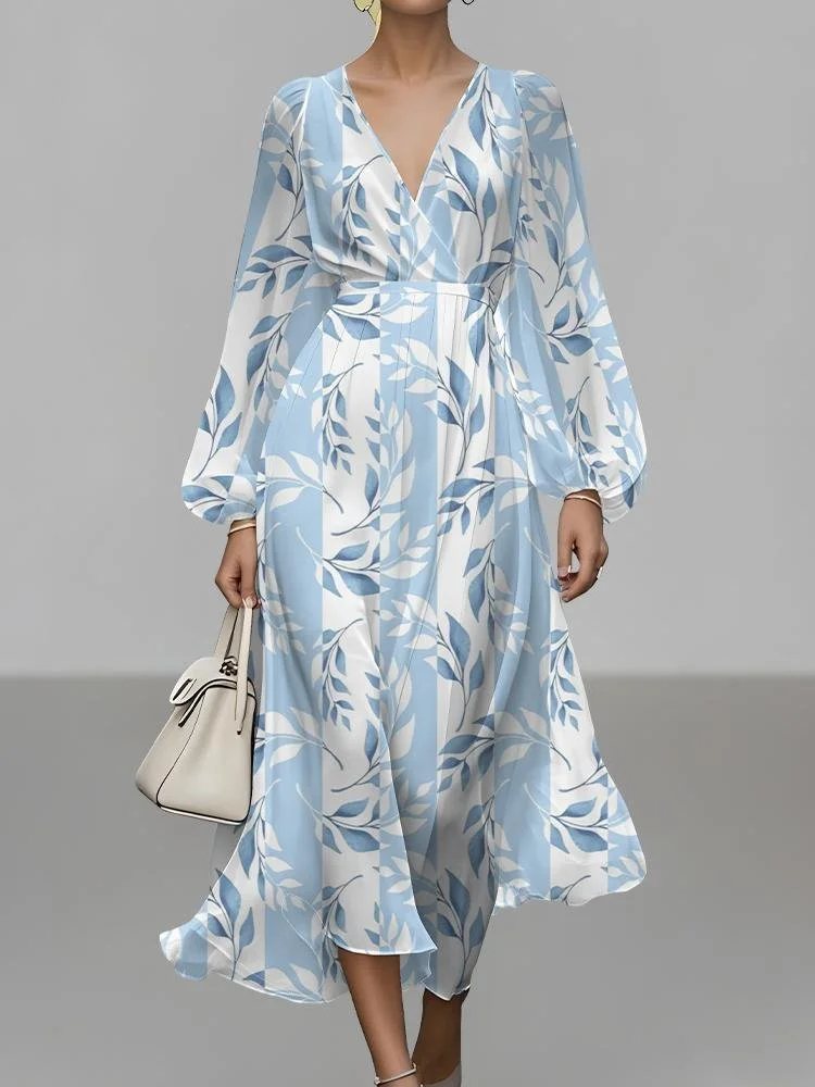 Leaf Regular Fit Vacation Puff Sleeve V Neck Dress