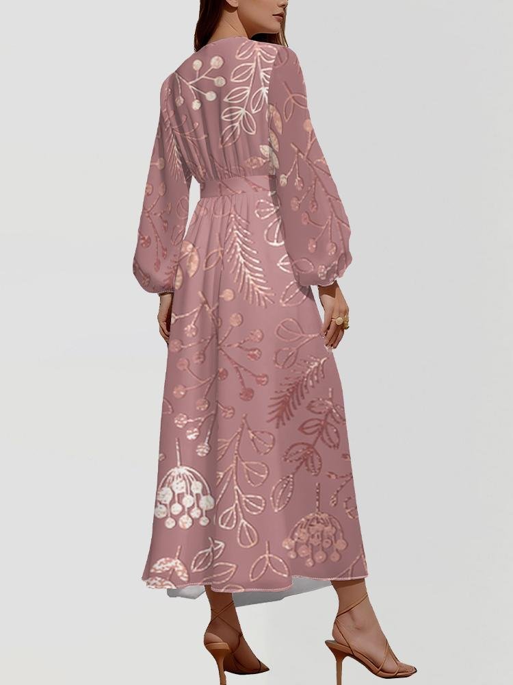 Puff Sleeve Regular Fit V Neck Leaf Street Dress