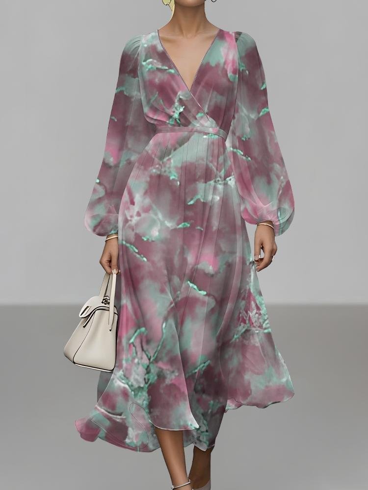 Gradient Pattern Puff Sleeve Semi Formal Regular Fit V Neck Dress
