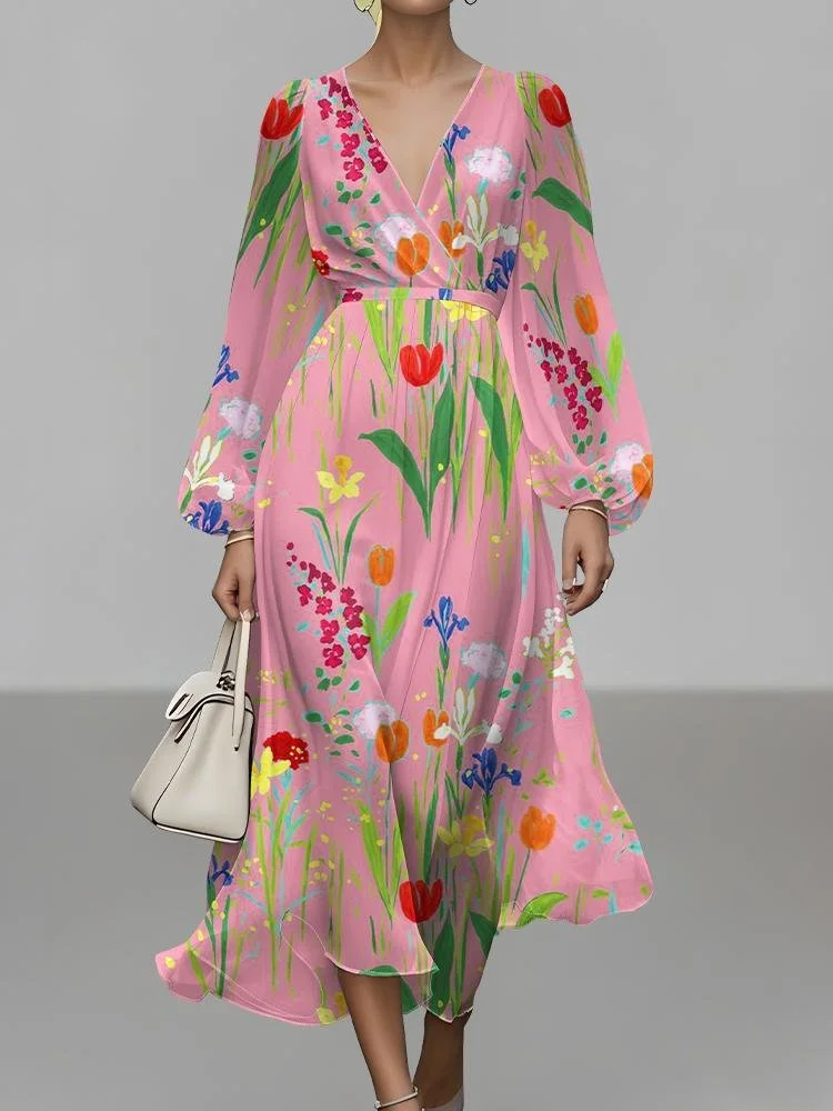 Semi Formal Regular Fit Puff Sleeve V Neck Floral Dress