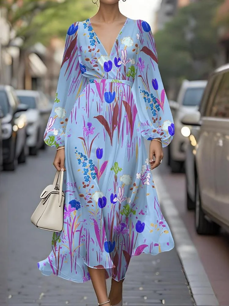 Semi Formal Regular Fit Puff Sleeve V Neck Floral Dress