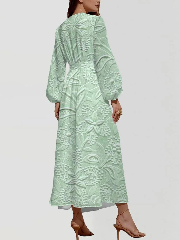 V Neck Botanical Pattern Puff Sleeve Regular Fit Semi Formal Dress