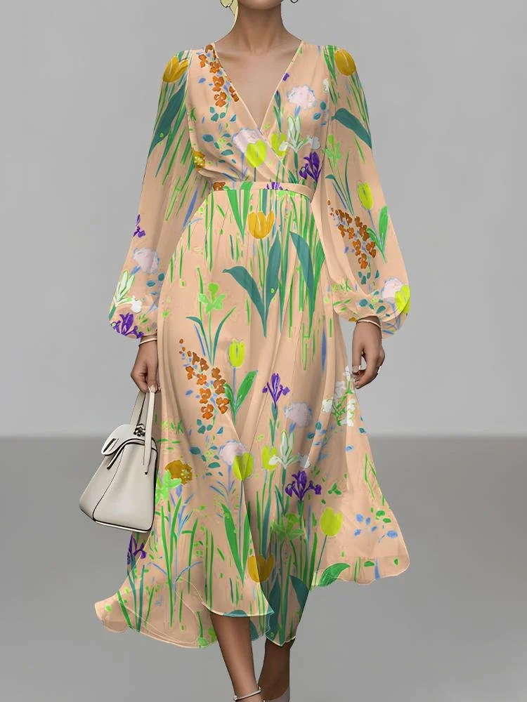 Semi Formal Regular Fit Puff Sleeve V Neck Floral Dress