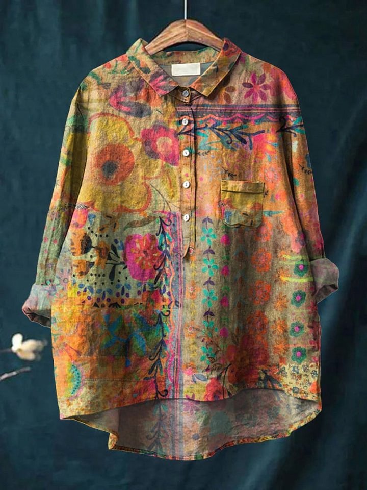 Women's Long Sleeve Shirt Spring/Fall Color1 Floral Split Joint Shawl Collar Daily Going Out Casual Top