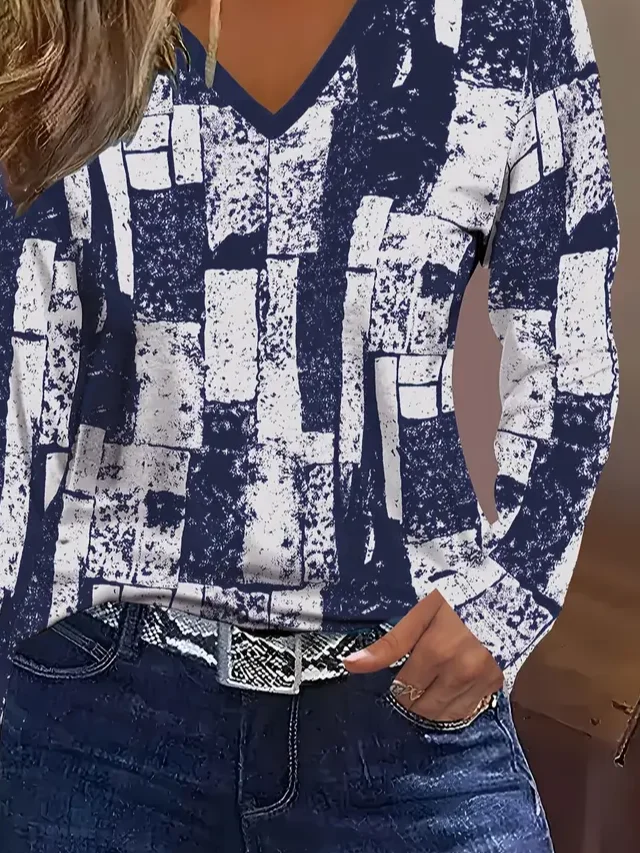 Women's Long Sleeve T-shirt Spring/Fall Purplish blue Abstract Printing Jersey V Neck Daily Going Out Casual Top