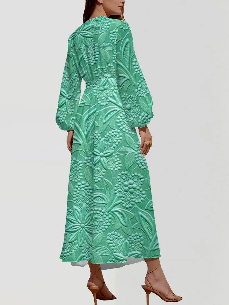 V Neck Botanical Pattern Puff Sleeve Regular Fit Semi Formal Dress