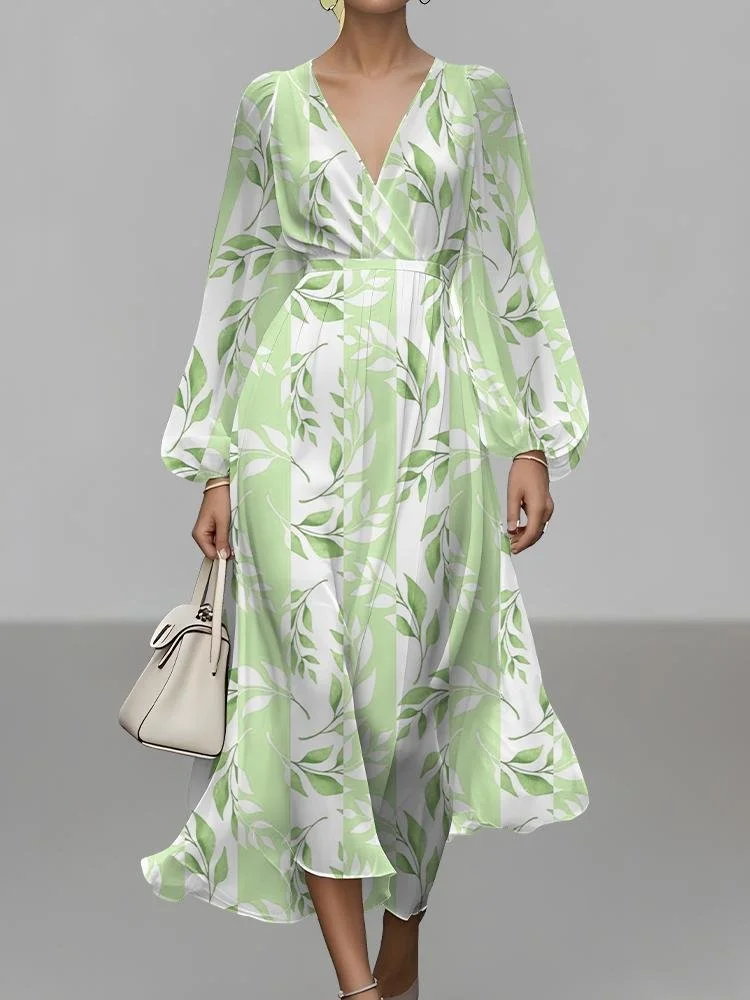 Leaf Regular Fit Vacation Puff Sleeve V Neck Dress