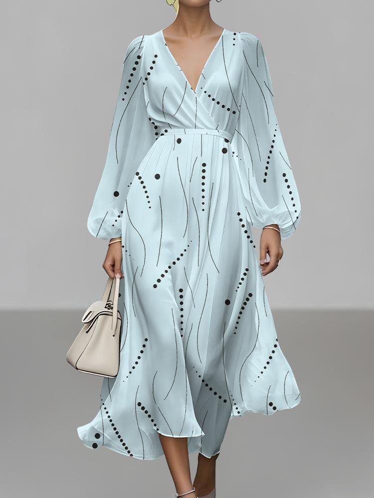 Abstract Polka Dots V Neck Sexy Puff Sleeve Regular Fit Dress